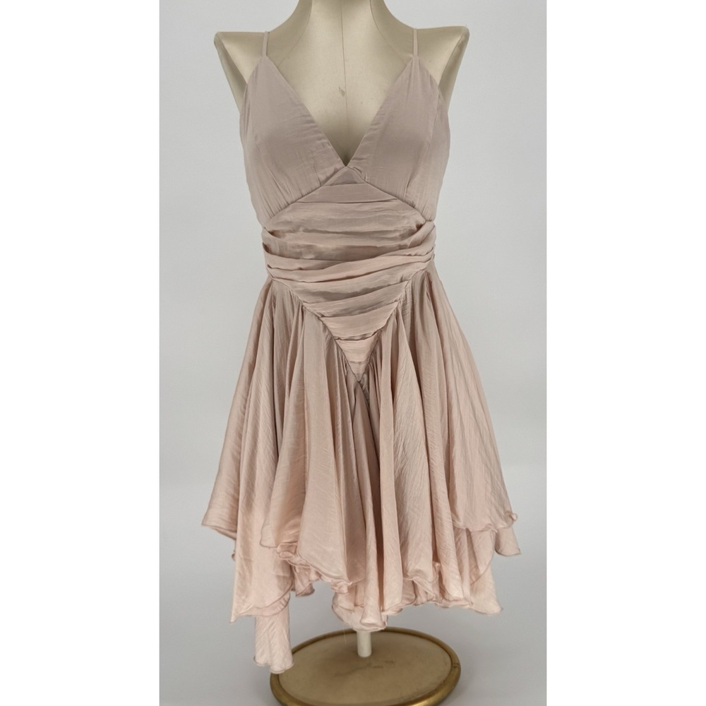 Klesis Odette‎ Ruffle Layer Mini Dress M Pink Nude Spaghetti Strap Ruched Tiered